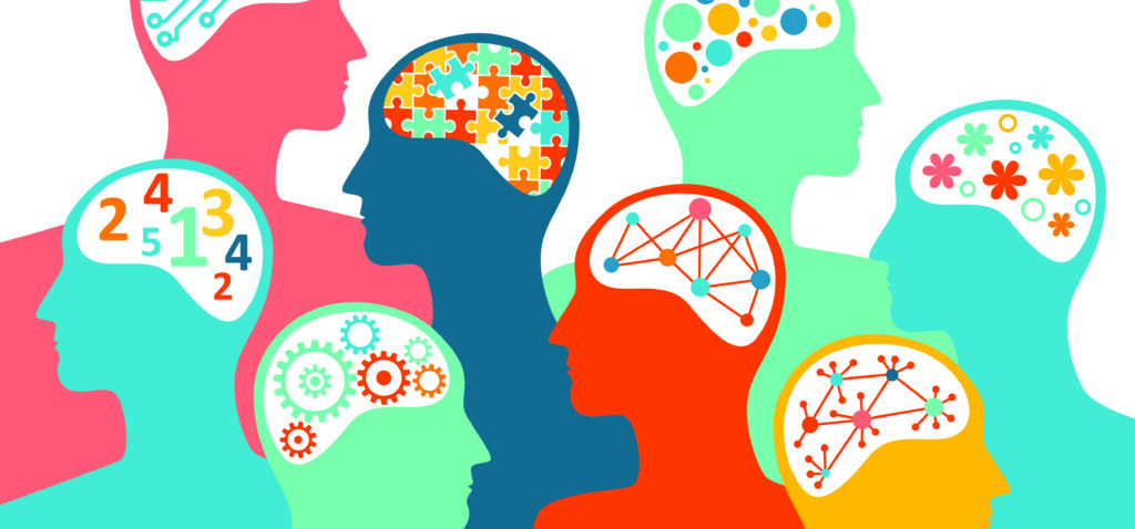 Concept of the diversity of talents and skills, with people profiles associated with different brains. Puzzle head. Symbol of autism